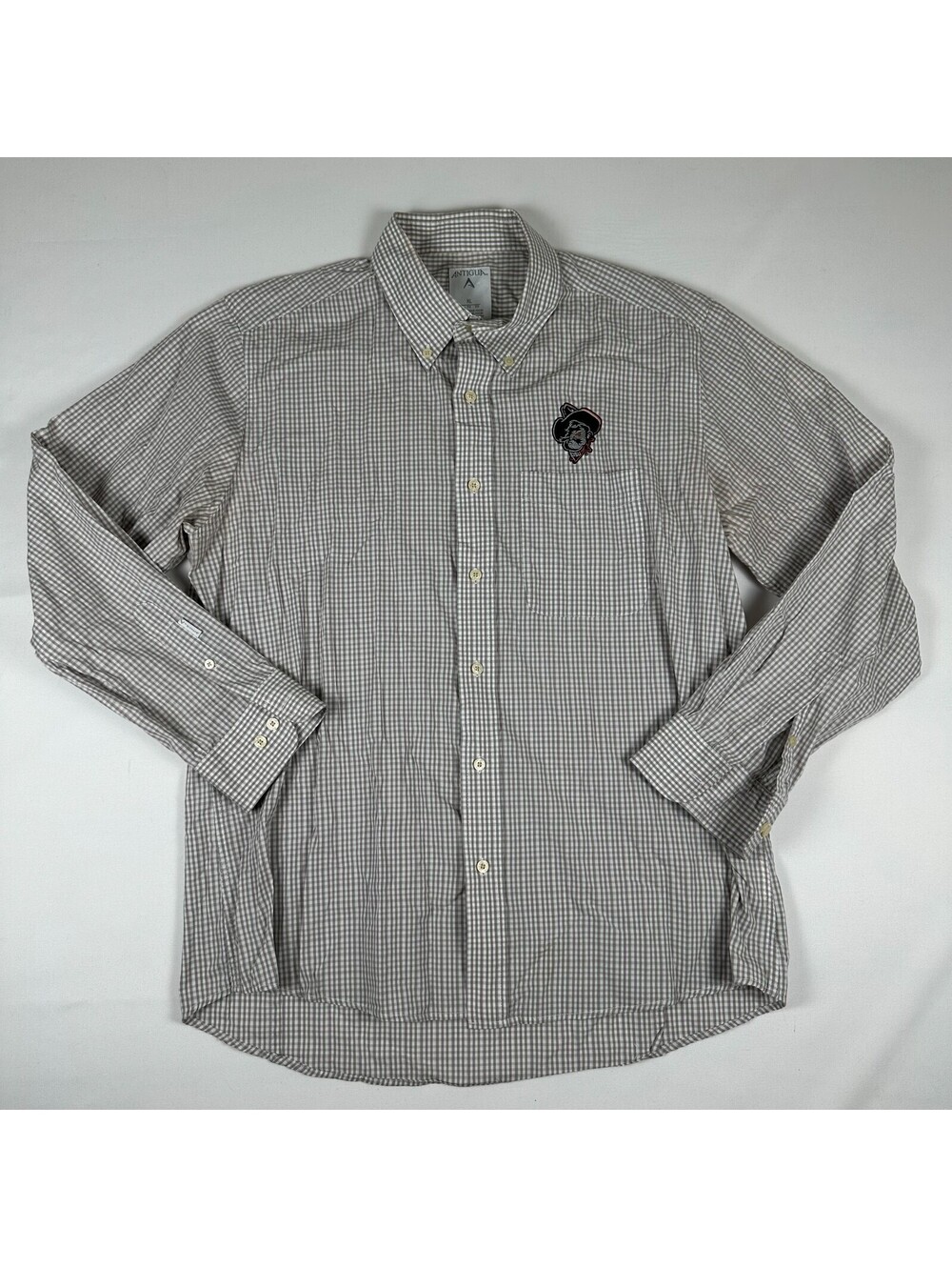 Antigua Mens XL Gray White Gingham Long Sleeve Button Down Shirt OSU Pistol Pete